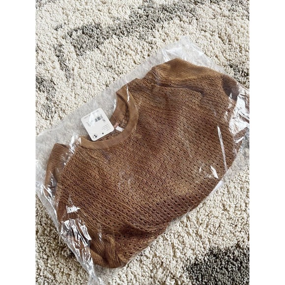 NWT Free People H2O Crew Pullover Tiger Eye Brown Open Knit Top Size Small - Picture 4 of 5